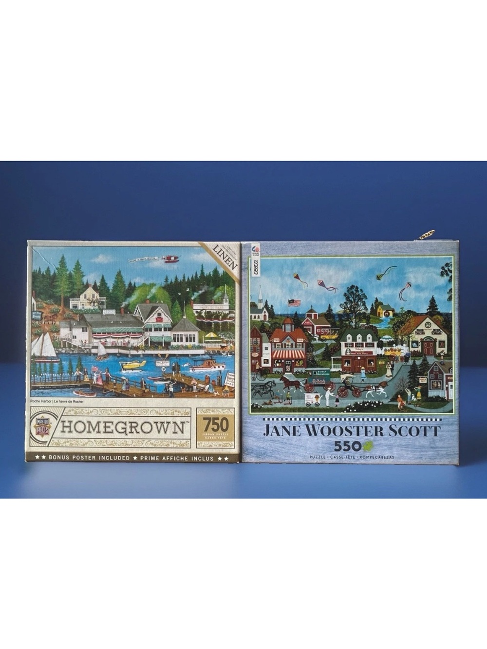 2 PUZZLE SET! Homegrown Roche Harbor/Ceaco Jane Wooster Scott-The Life of Riley